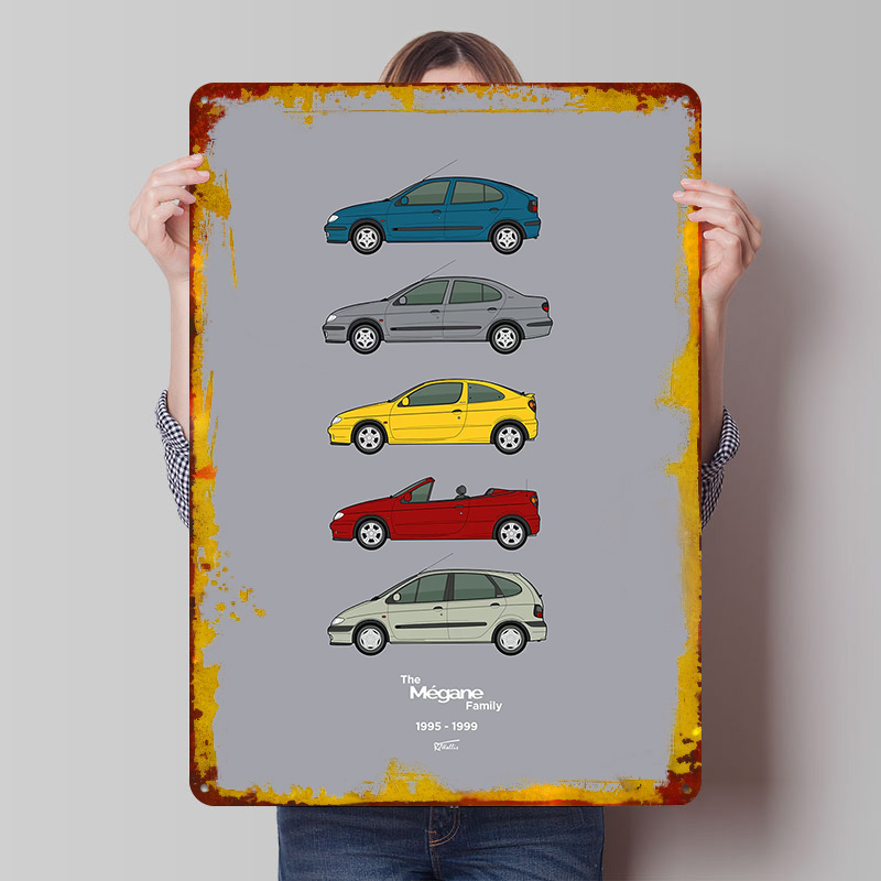 Vintage Collectible Tins - Kolekcja samochodów sportowych Megane 1995-1999, plakat